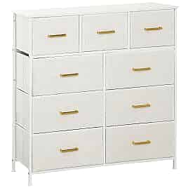 YENZA White Chest of Drawers - Medium-sized, 9 Drawers, Double, Gold Handles, Fabric Drawers