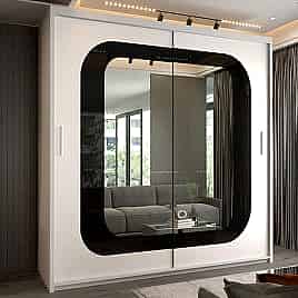 Sliding Wardrobe - COVINA 2 Door Mirrored Wardrobe White with Black Strip - 150cm