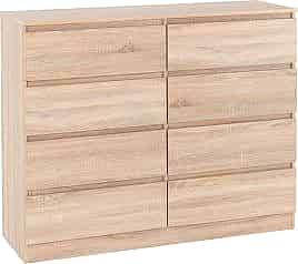 MALDEN Oak Finish Chest of Drawers - Large-sized, 8 Drawers, Double