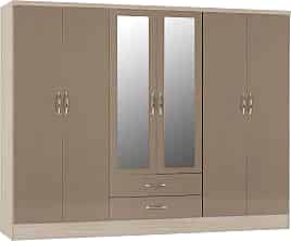 Wardrobe - NEWBIGGIN 6 Door Mirrored Wardrobe Oyster Gloss with Light Oak 230cm