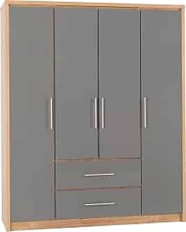Wardrobe - SELSEY 4 Door Wardrobe Grey High Gloss with Light Oak 148.5cm