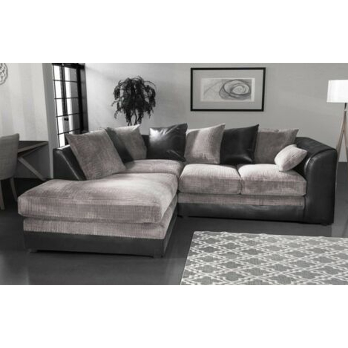 MESHA Jumbo Cord 4 Seater L Shaped - Left Hand Facing Corner Sofa - Black and Grey - Steve and Co Mills