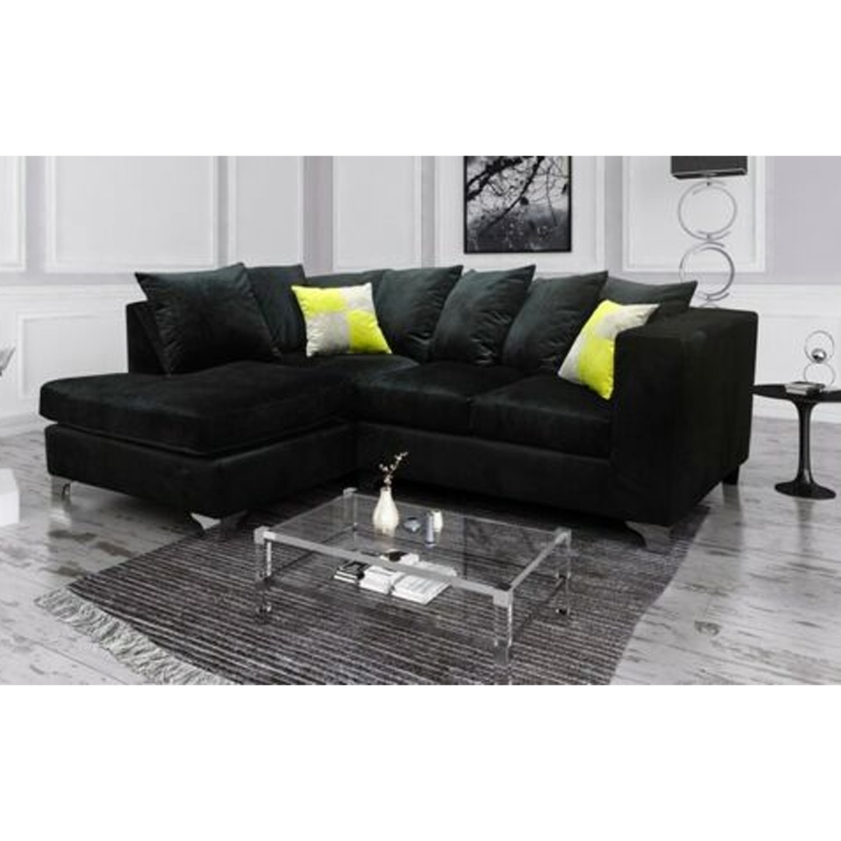 Wooden Frame Upholstered Plush Velvet Corner Sofa - Black - Steve and Co Mills