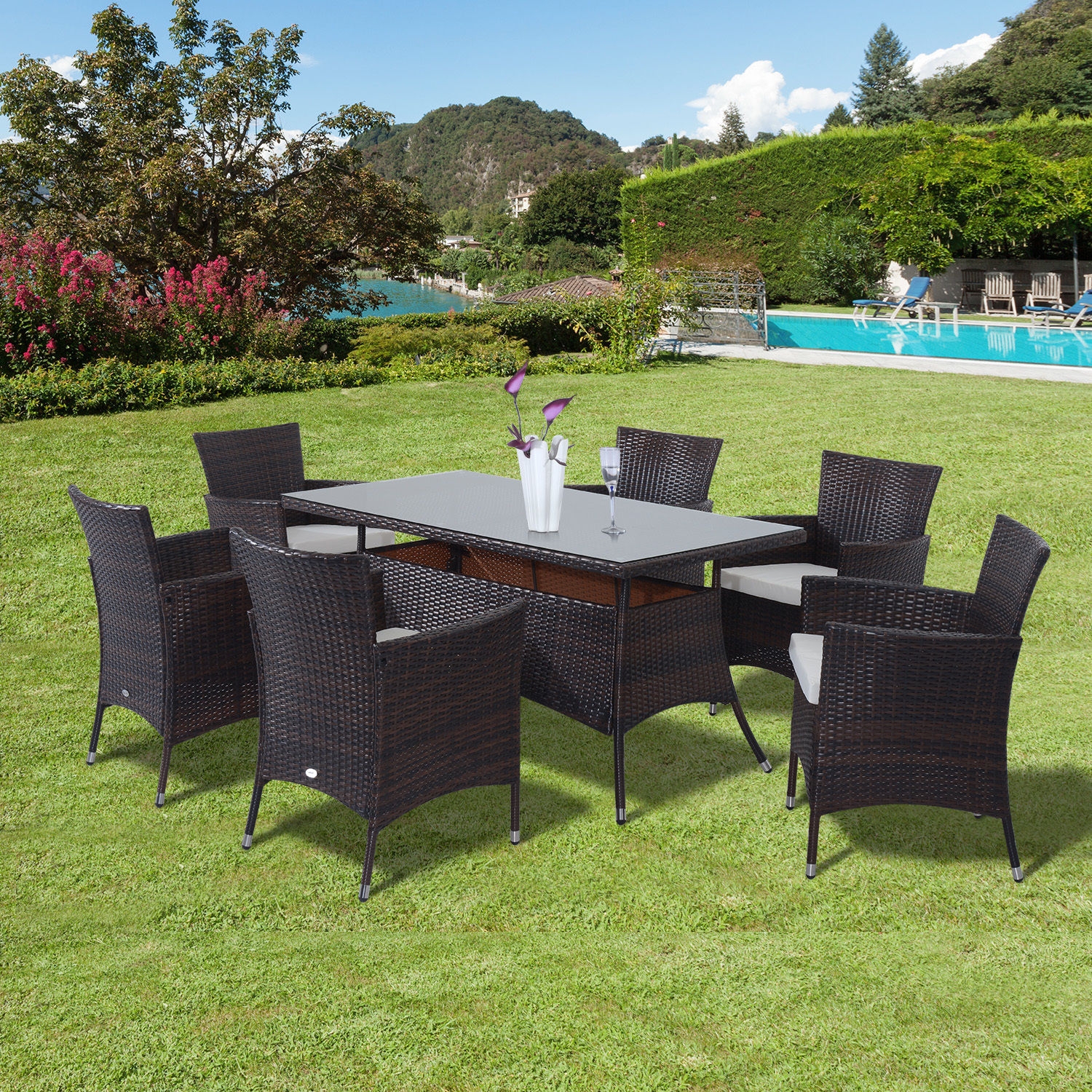 6-Seat Garden Rattan Cube Dining Set - Brown - The Garden Savant
