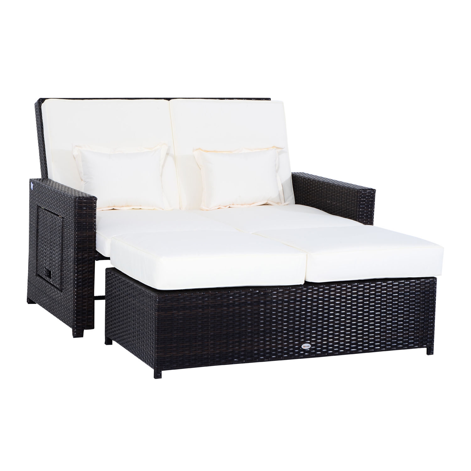 2-Seat Rattan Day Bed Sun Lounger - Brown - The Garden Savant