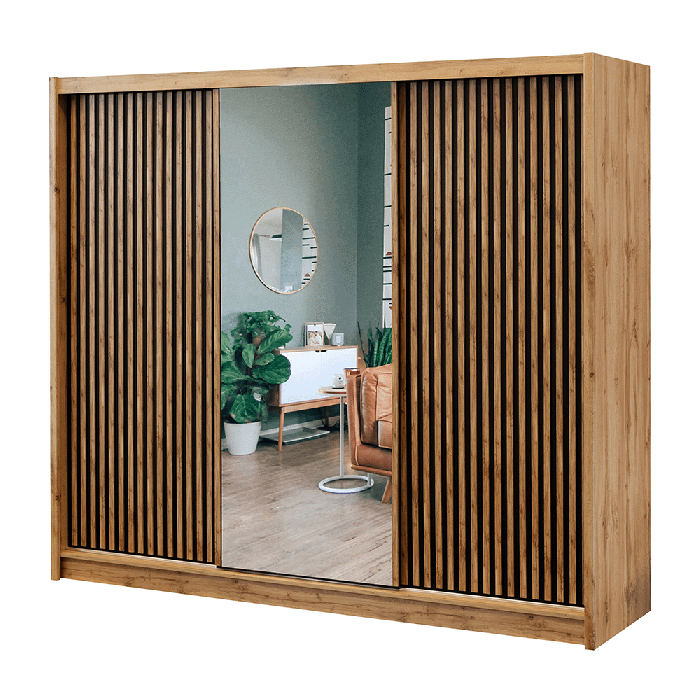 CALVERO 3 Door Mirrored Sliding Wardrobe Medium Oak - 250cm - Avellino & Wells
