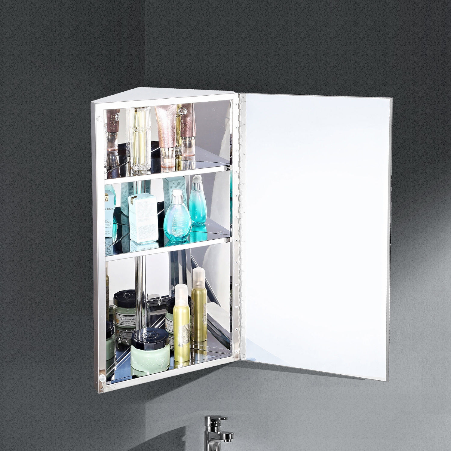 Stainless Steel Mirrored Corner Storage Cabinet - Home Deals
