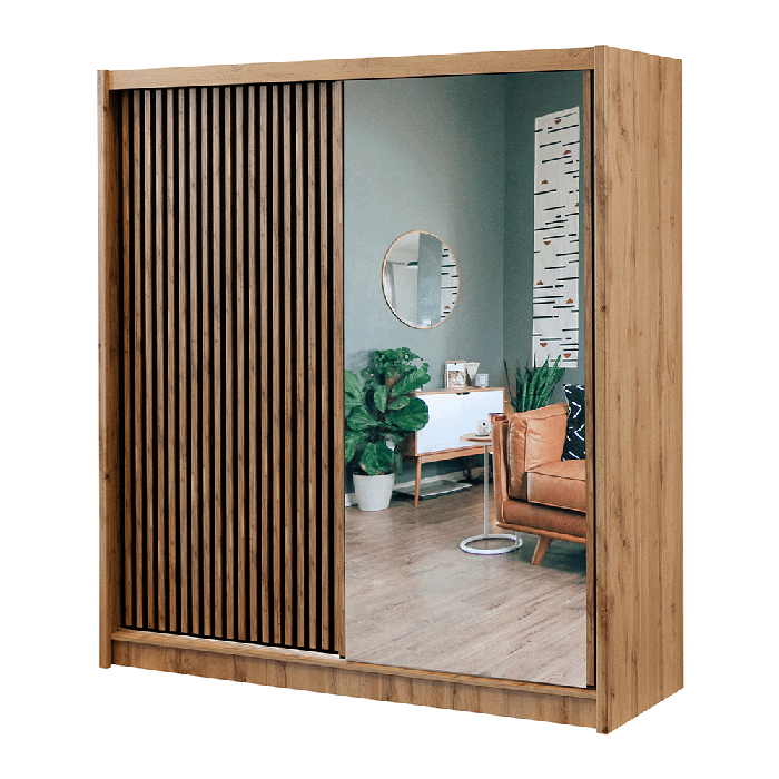 CALVERO 2 Door Mirrored Sliding Wardrobe Medium Oak - 203cm - Avellino & Wells