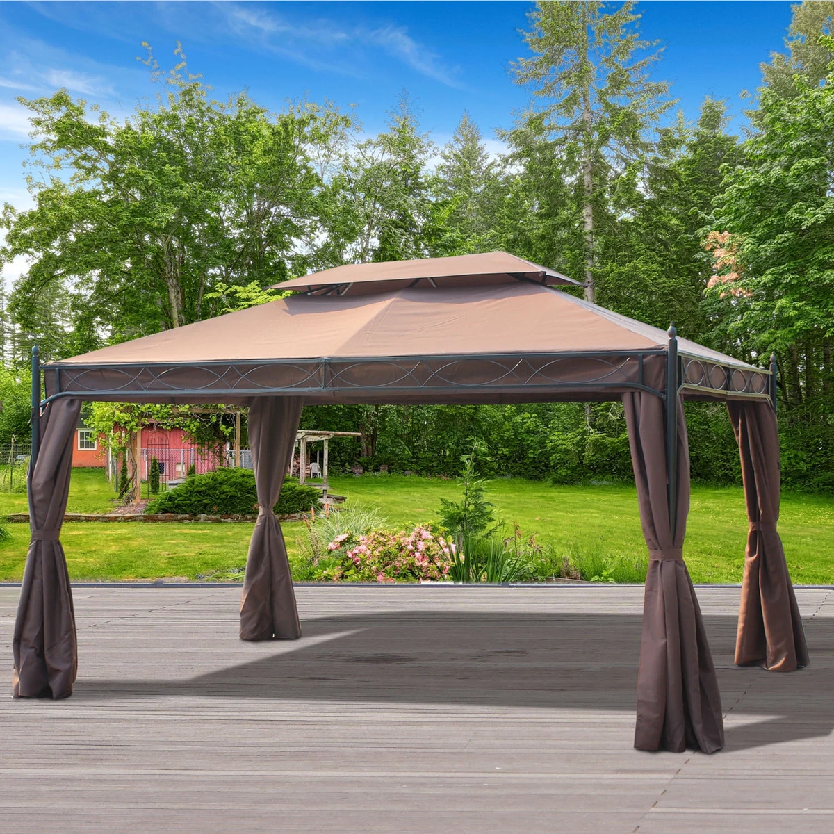3x4m Double Top Gazebo Marquee with Sidewalls - Coffee - The Garden Savant