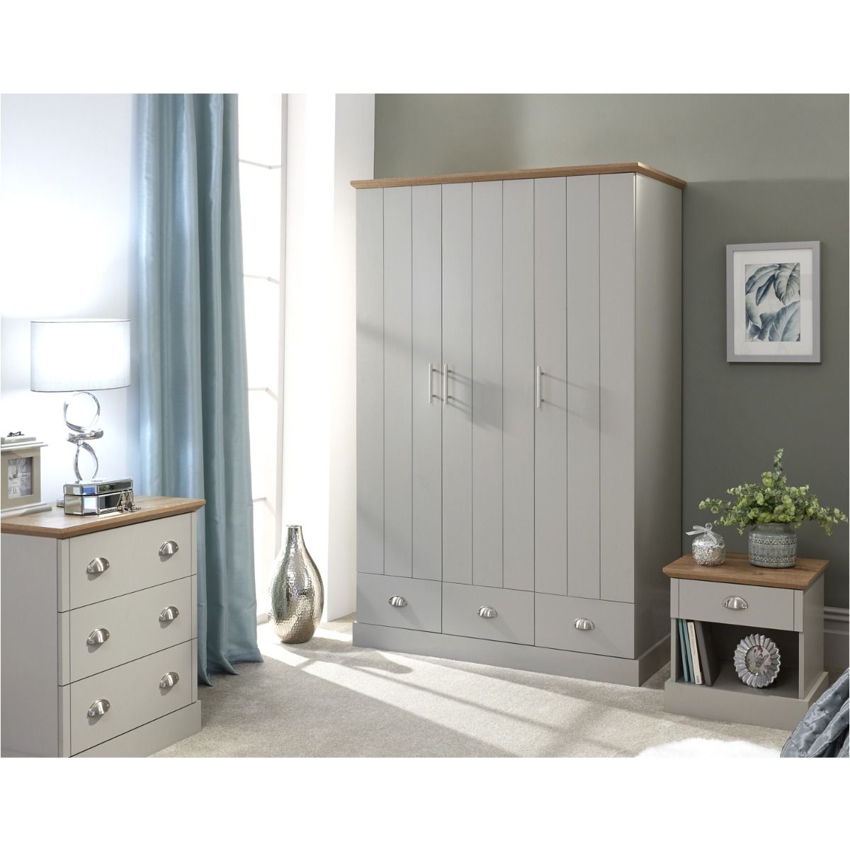 KESWICK 3 Door Wardrobe Set 4 Pieces - Grey with Oak Top - Campbell Craft