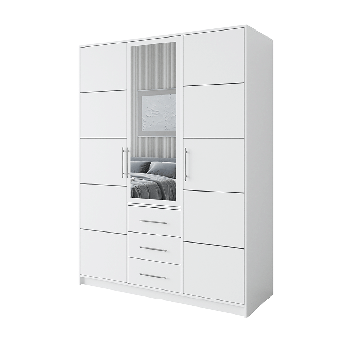 BARNSLEY 3 Door Mirrored Wardrobe with 3 Drawers White - 147cm - Avellino & Wells