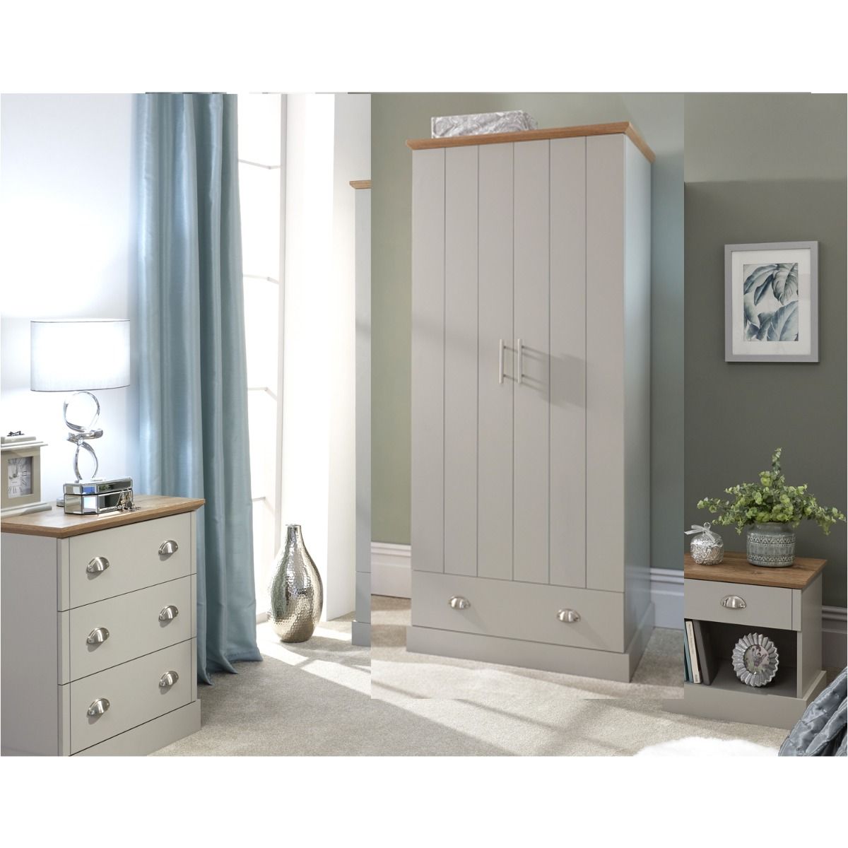 KESWICK 2 Door Wardrobe Set 4 Pieces - Grey with Oak Top - Campbell Craft