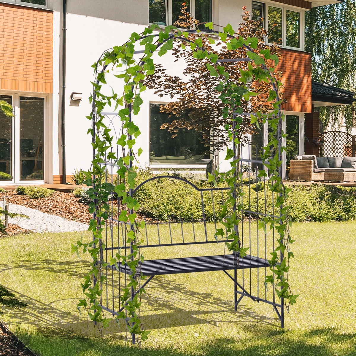 Metal Frame Bench with Arch - Black - The Garden Savant
