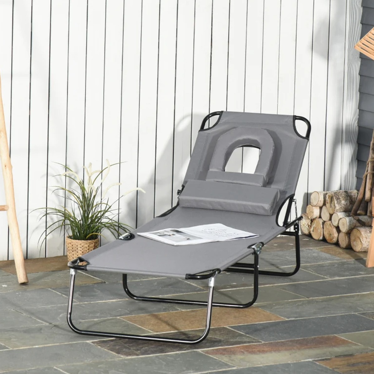Foldable Reclining Adjustable Sun Lounger with Pillow and Reading Hole - Grey - The Garden Savant
