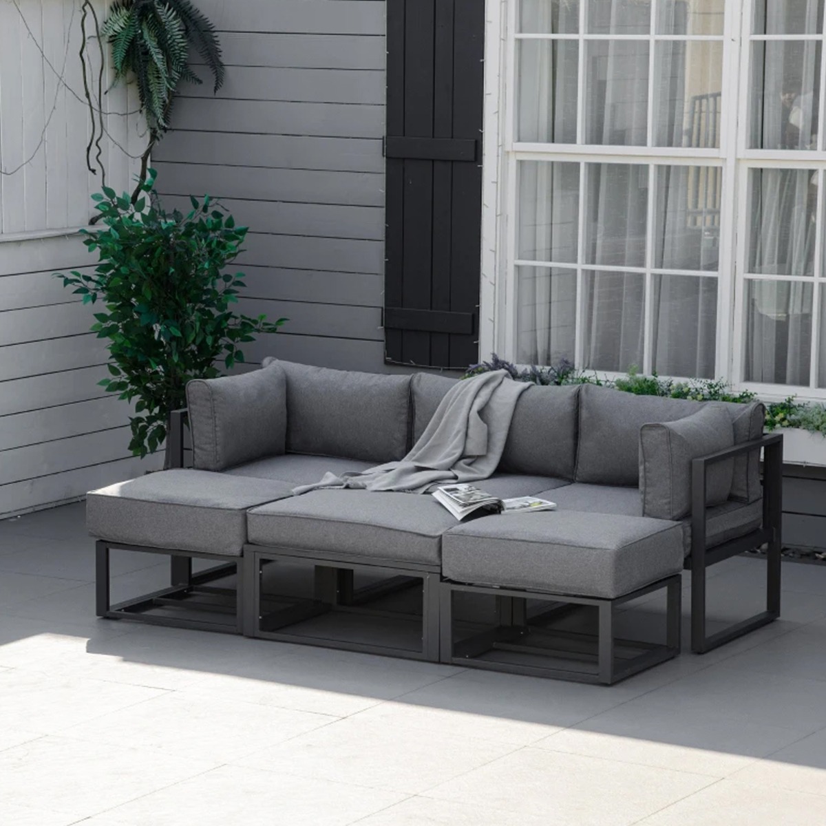 Aluminum 6 PC Sectional Sofa Set Garden Daybed with Coffee Table Footstool - Grey - The Garden Savant
