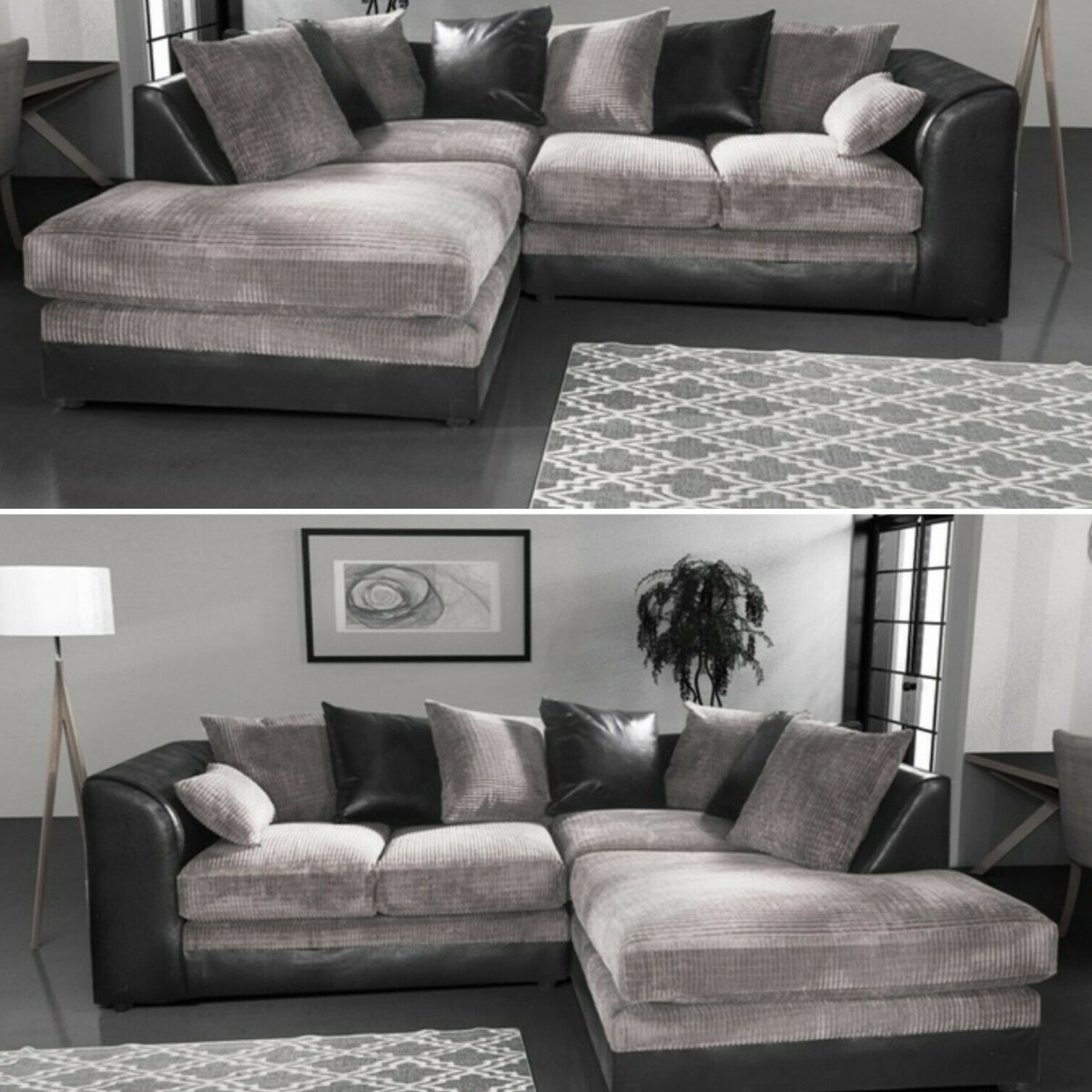 Modern Suite Cord Fabric Corner Sofa - Black and Grey - Steve and Co Mills