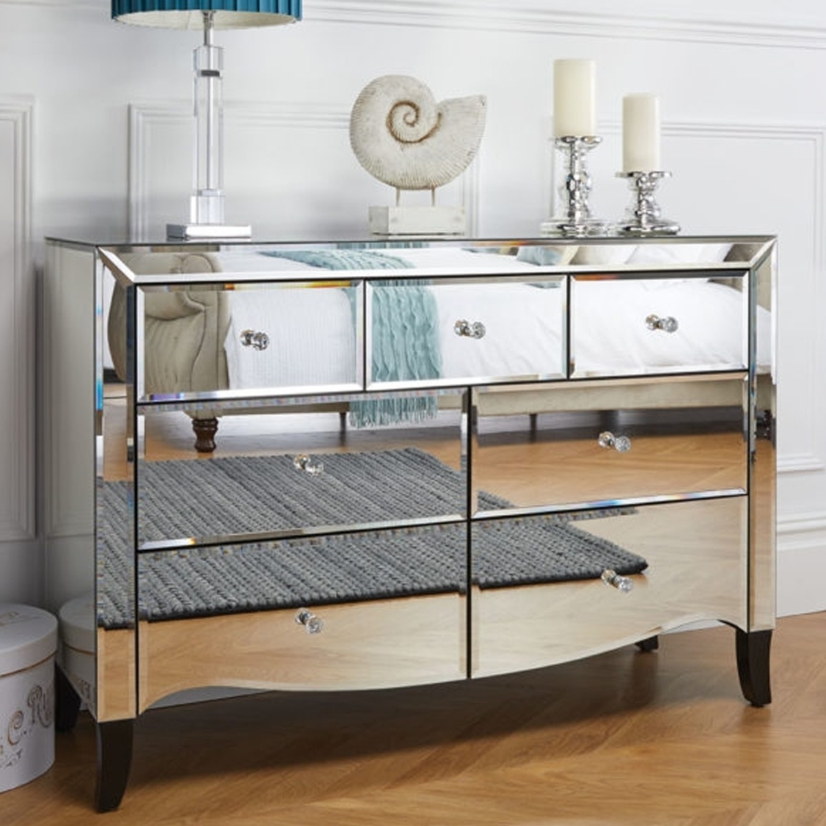 PELHAM Silver Chest of Drawers - Large-sized, 7 Drawers, Double, Mirrored - Birlea Essentials