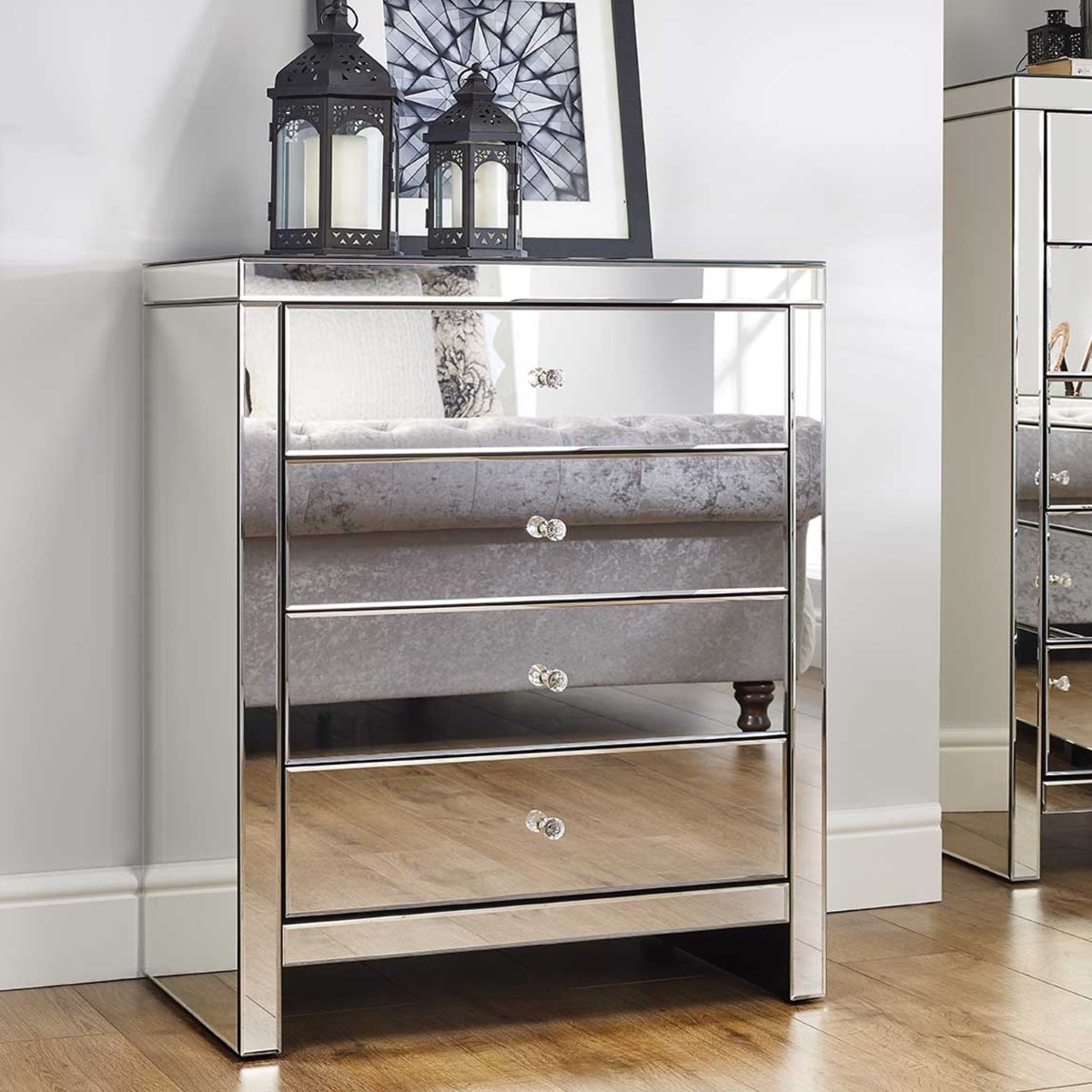SUTTON Silver Chest of Drawers - Medium-sized, 4 Drawers, Mirrored, Ready Assembled - Birlea Essentials