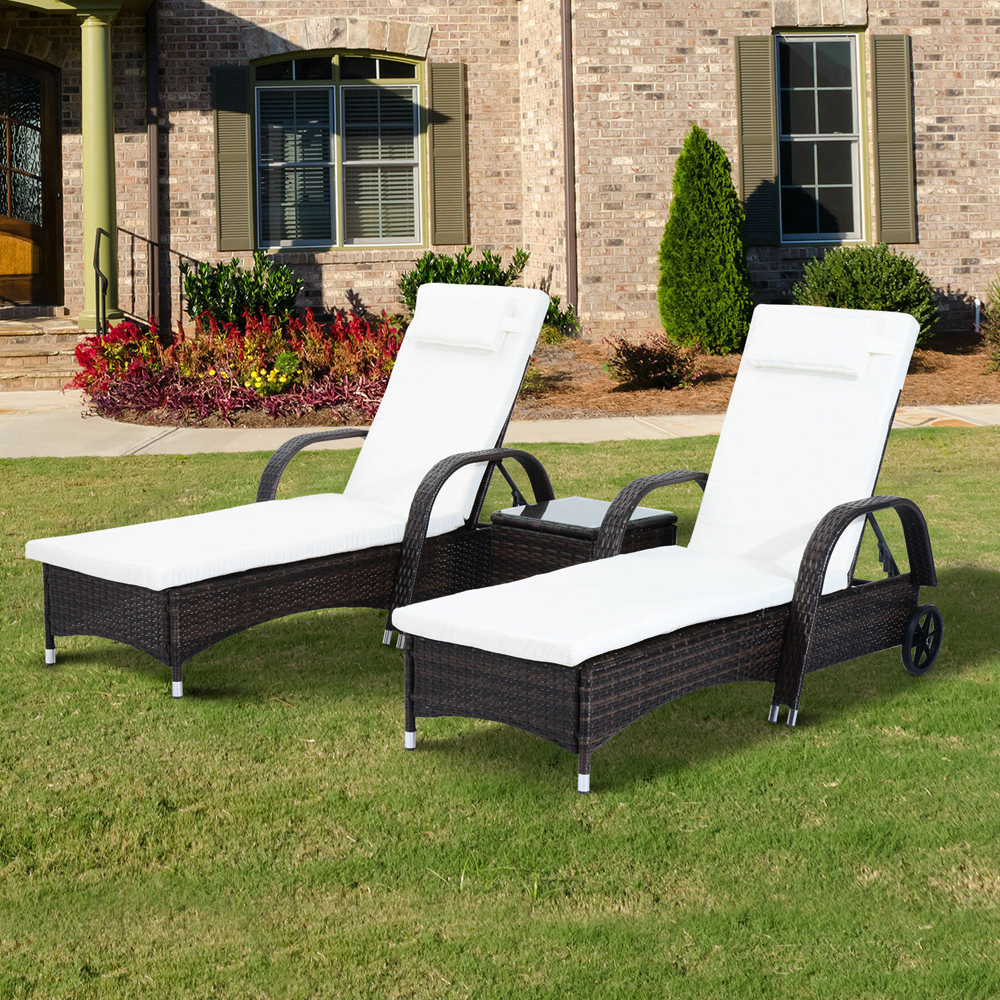 Rattan Wicker Reclining Sun Lounger Wheel With Middle Table - Brown - Gardens Direct