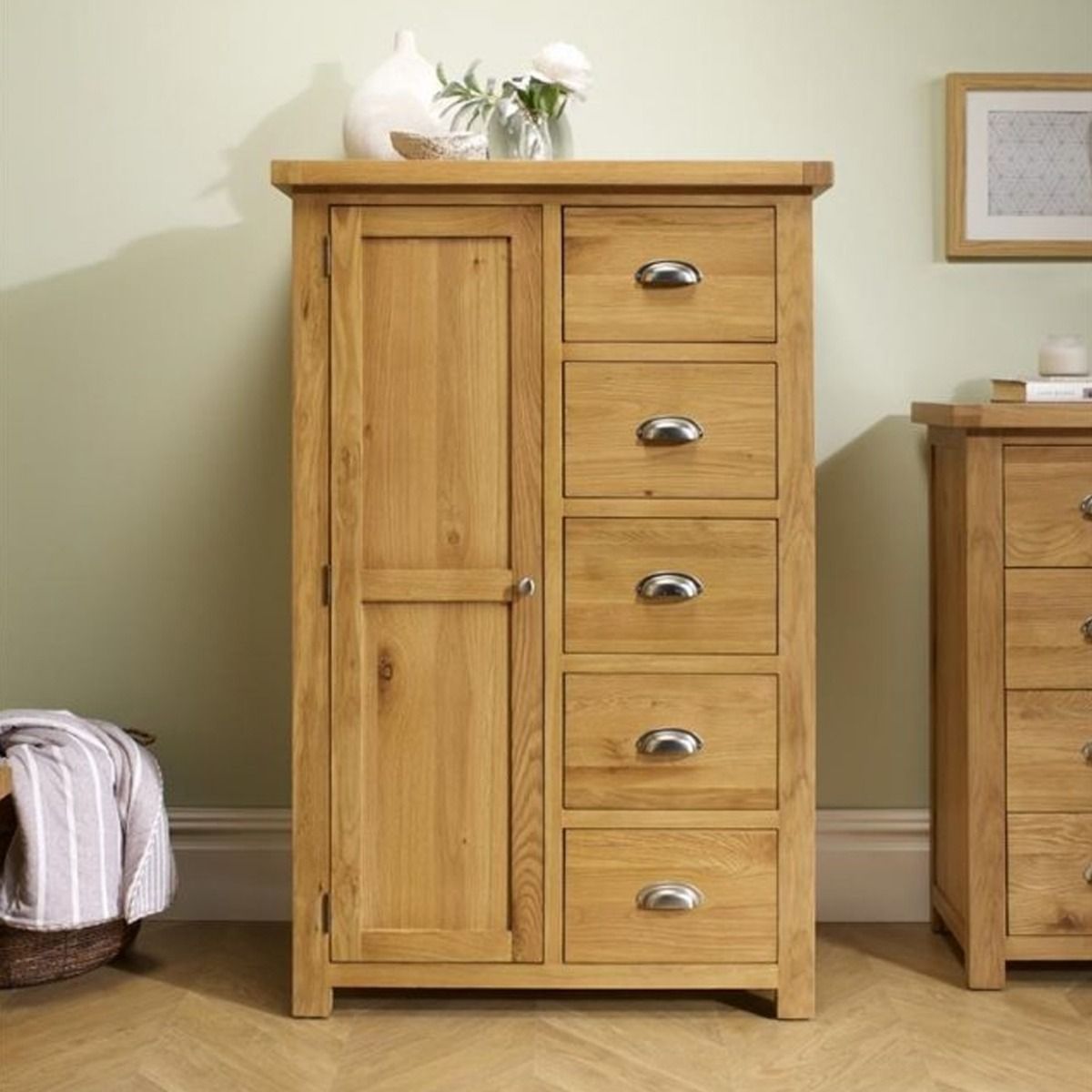 Wardrobe - WOKINGHAM 1 Door 5 Drawers Wardrobe Oak with Silver Handles 90cm - Birlea Essentials