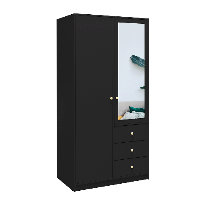 ELVIRO 2 Door Mirrored Wardrobe with 3 Drawers Black - 100cm - Avellino & Wells