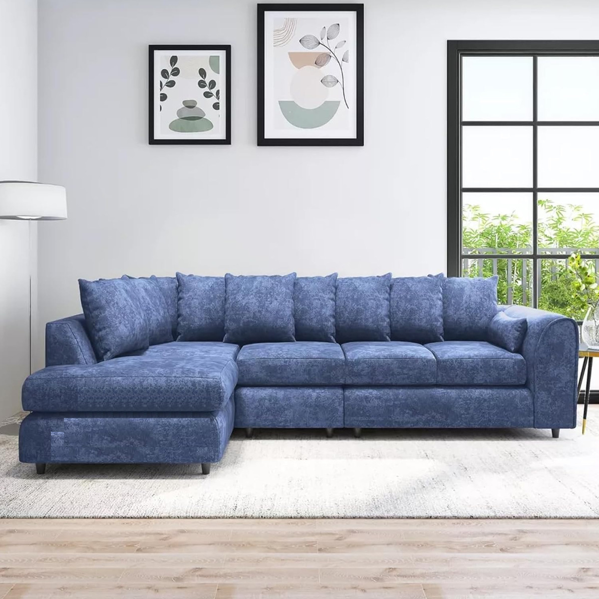 LORVANI Fabric Large 5 Seater L Shaped Scatterback Corner Sofa - Midnight Blue, Left Hand Facing - Home Done