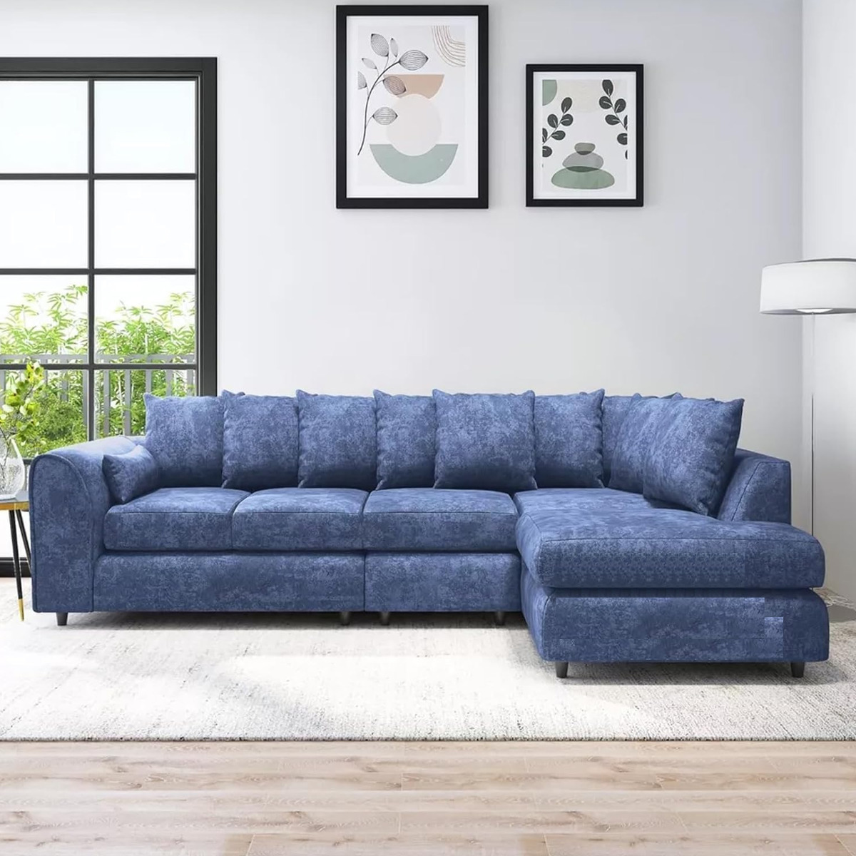 LORVANI Fabric Large 5 Seater L Shaped Scatterback Corner Sofa - Midnight Blue, Right Hand Facing - Home Done