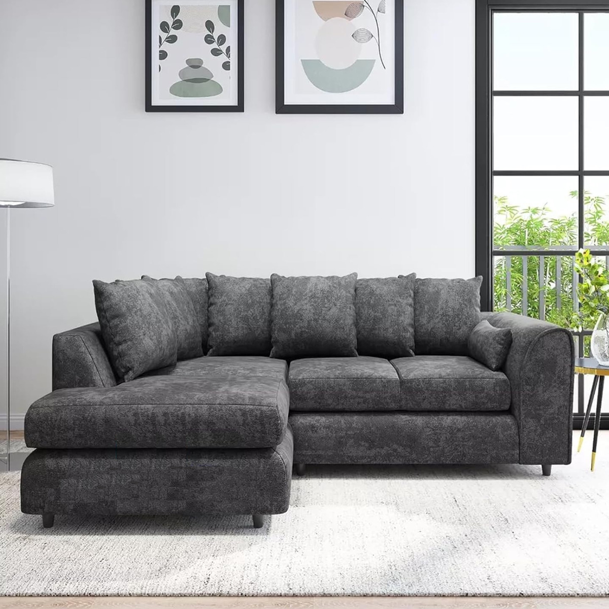 LORVANI Fabric 4 Seater L Shaped Scatterback Corner Sofa - Dark Grey, Left Hand Facing - Home Done