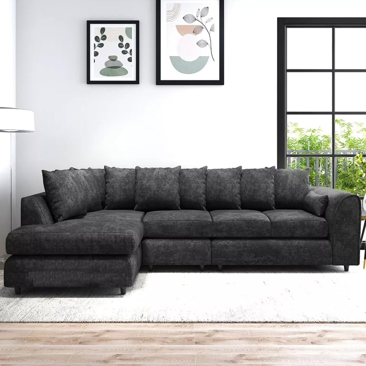 LORVANI Fabric Large 5 Seater L Shaped Scatterback Corner Sofa - Dark Grey, Left Hand Facing - Home Done