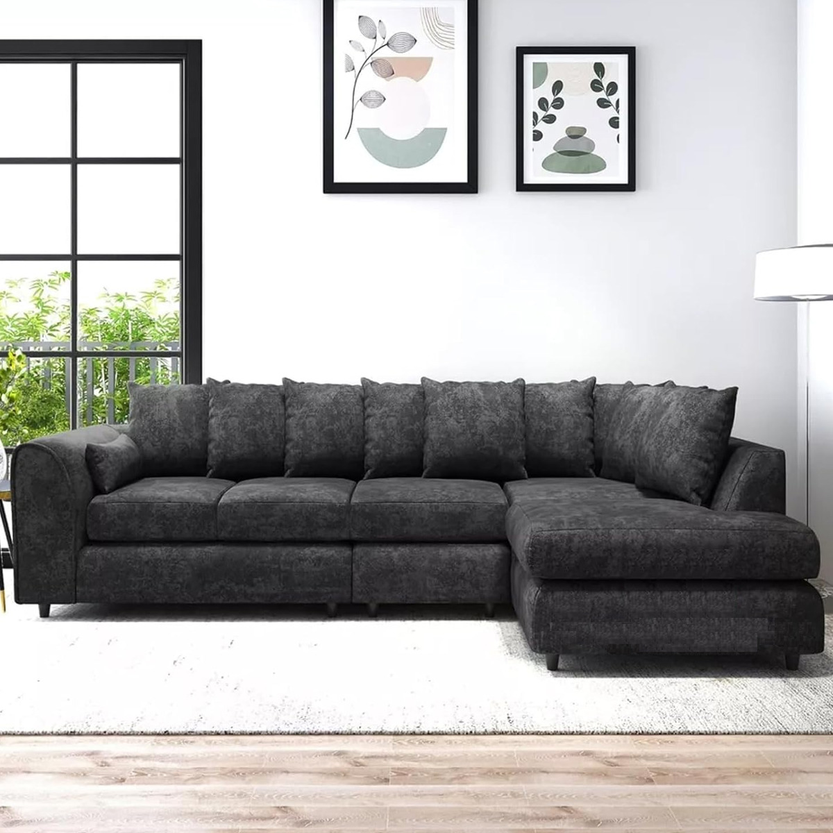 LORVANI Fabric Large 5 Seater L Shaped Scatterback Corner Sofa - Dark Grey, Right Hand Facing - Home Done