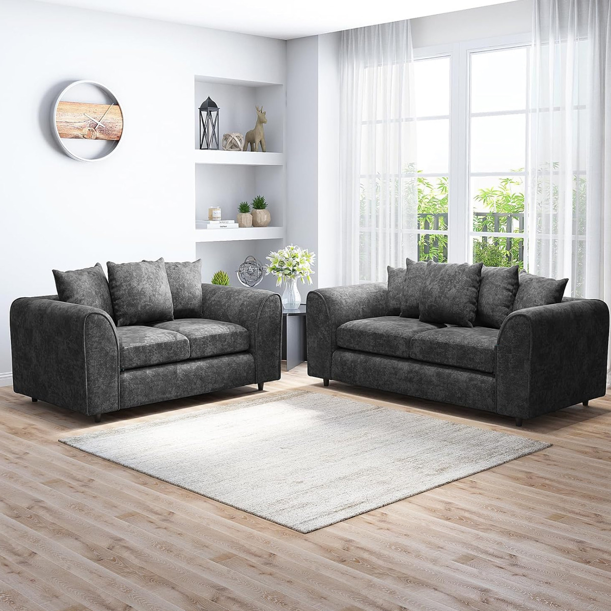 LORVANI Fabric 3 and 2 Seater Scatterback Sofa Set - Dark Grey - Home Done