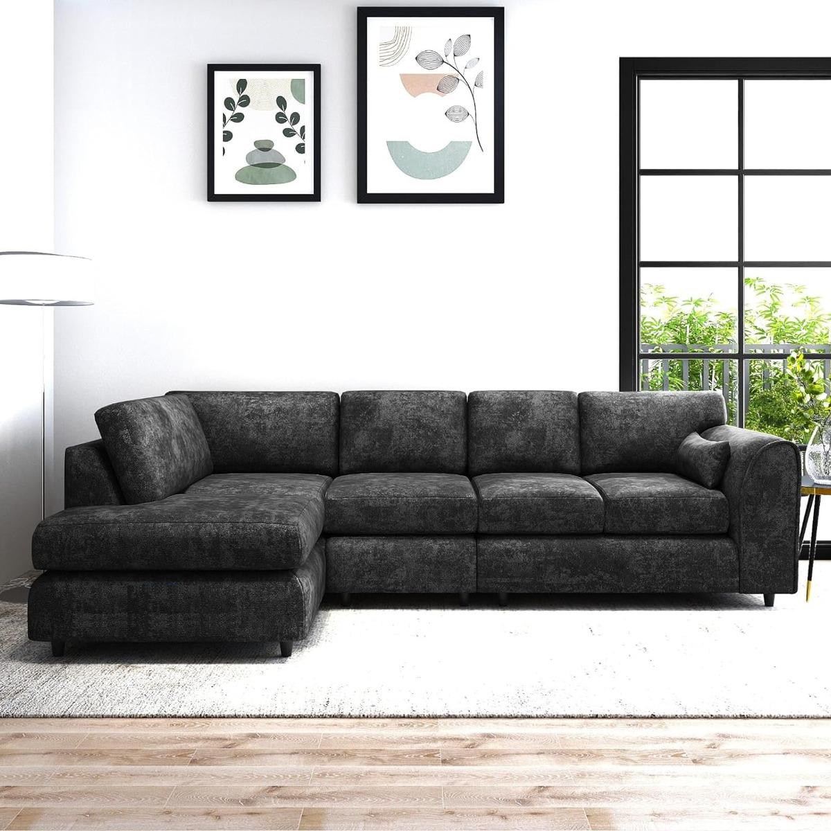 LORVANI Fabric Large 5 Seater L Shaped Fullback Corner Sofa - Dark Grey, Left Hand Facing - Home Done