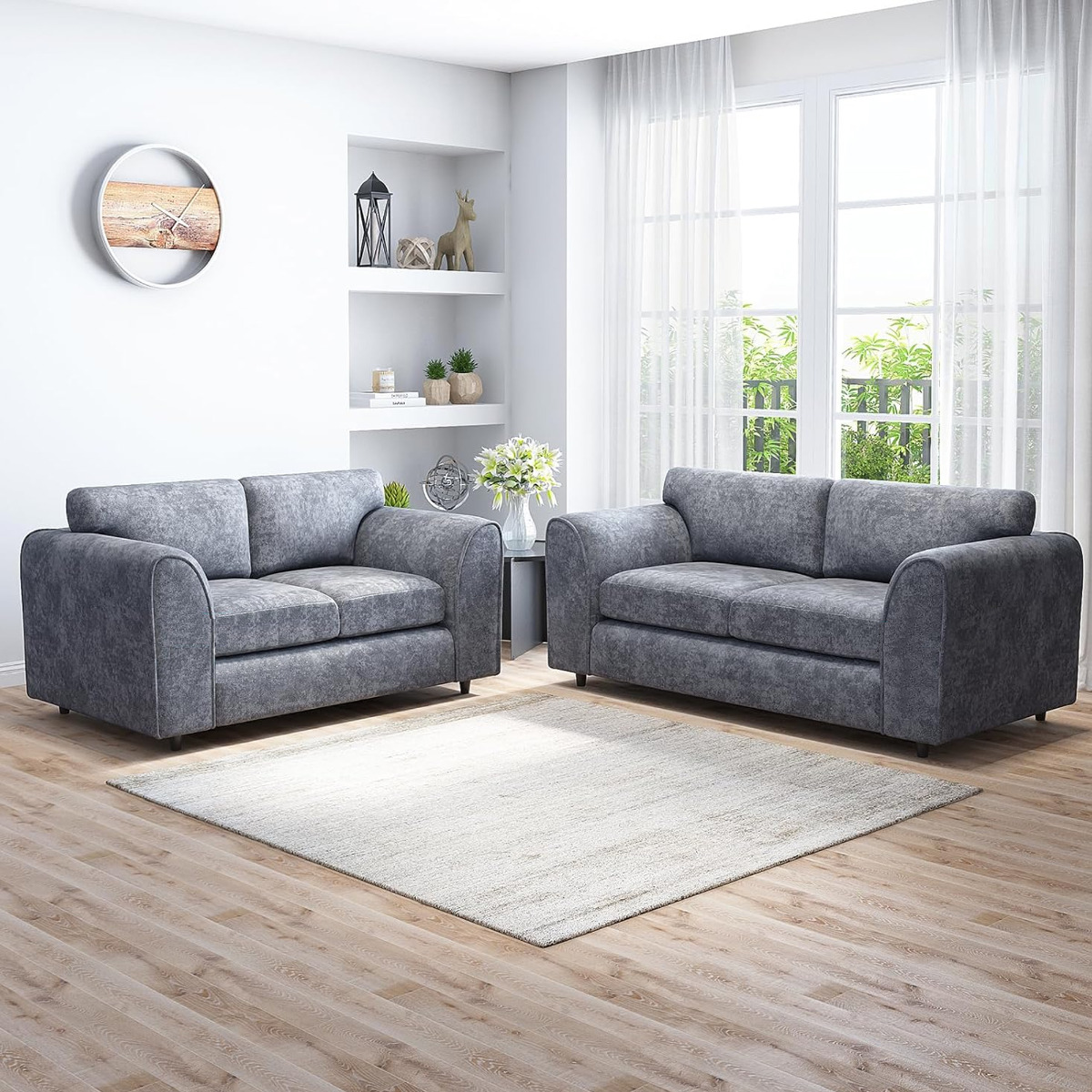 LORVANI Fabric 3 and 2 Seater Fullback Sofa Set - Dark Grey - Home Done