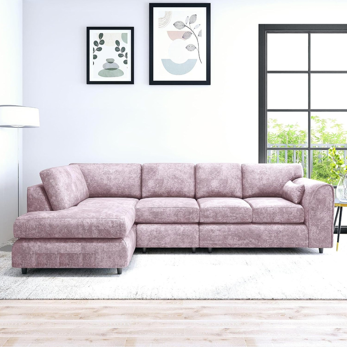 LORVANI Fabric Large 5 Seater L Shaped Fullback Corner Sofa - Pink, Left Hand Facing - Home Done