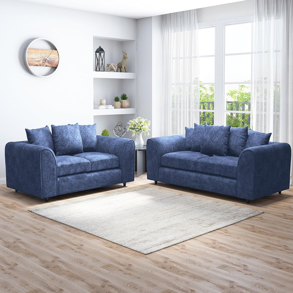 LORVANI Fabric 3 and 2 Seater Scatterback Sofa Set - Midnight Blue - Home Done