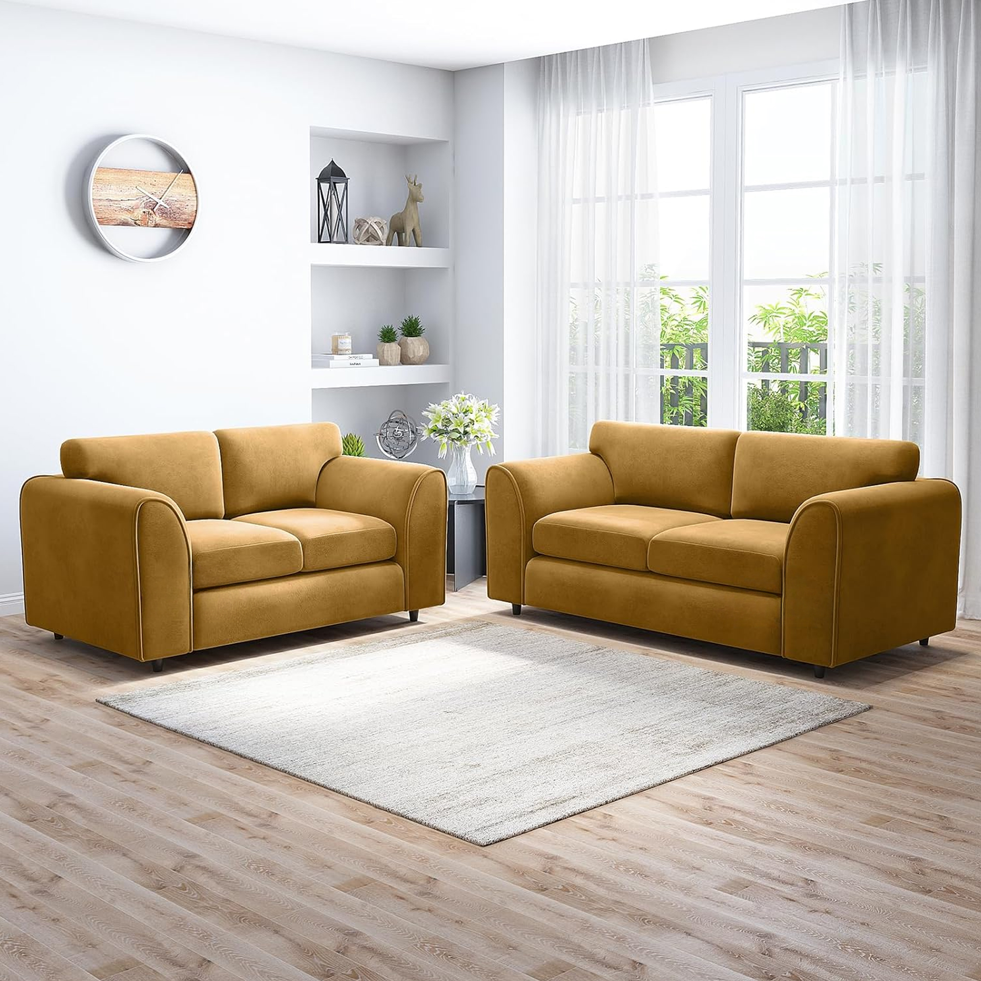 DELANO Plush Velvet 3 and 2 Seater Fullback Sofa Set - Mustard - Home Done
