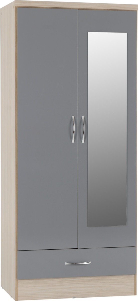 Wardrobe - NEWBIGGIN 2 Door Mirrored Wardrobe Grey Gloss with Light Oak 78cm - Budget Deals