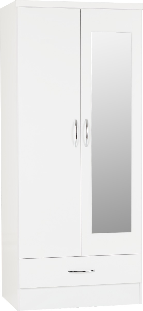 Wardrobe - NEWBIGGIN 2 Door Mirrored Wardrobe White Gloss 78cm - Budget Deals