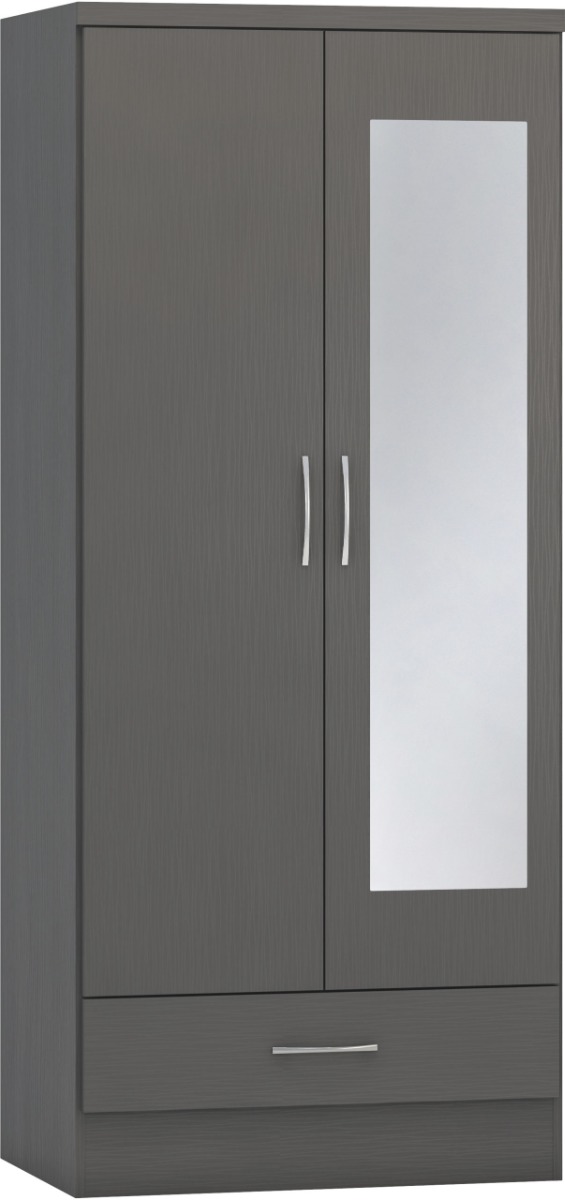 Wardrobe - NEWBIGGIN 2 Door Mirrored Wardrobe 3D Effect Grey 78cm - Budget Deals