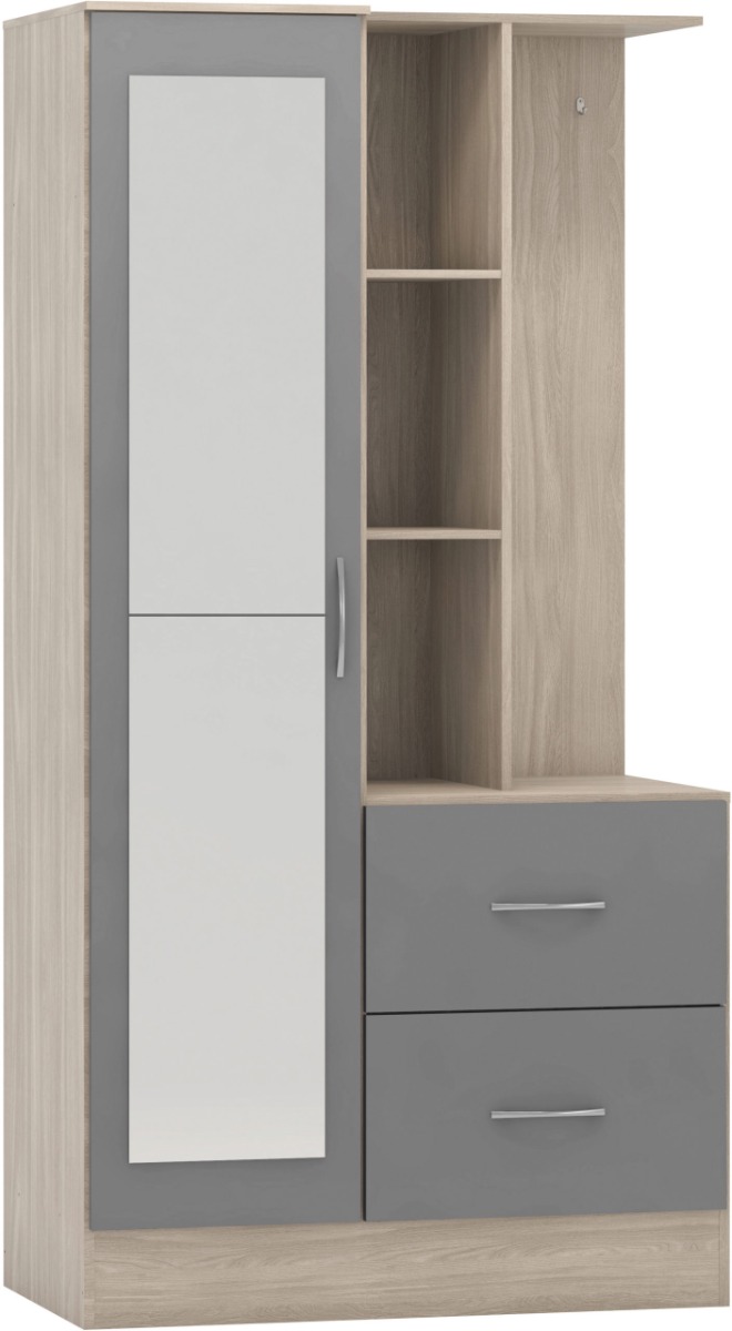 Nevada Mirrored Open Shelf Wardrobe - Grey Gloss Light Oak Effect Veneer - Budget Deals