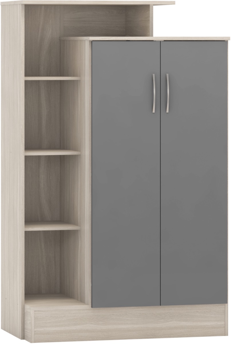 Nevada Petite Open Shelf Wardrobe - Grey Gloss Light Oak Effect Veneer - Budget Deals