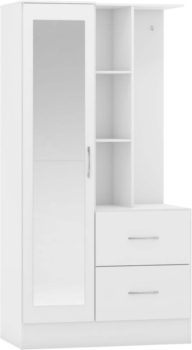 Nevada Mirrored Open Shelf Wardrobe - White Gloss - Budget Deals