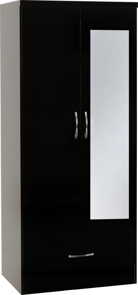 Wardrobe - NEWBIGGIN 2 Door Mirrored Wardrobe Black Gloss 78cm - Budget Deals