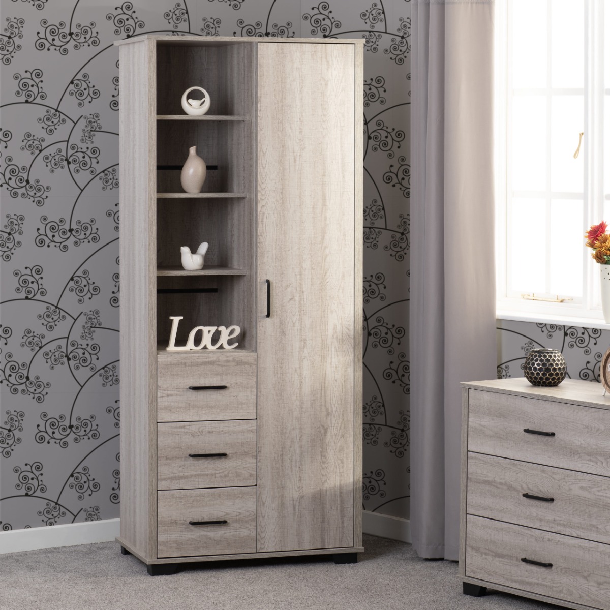 Wardrobe - OLDBURY 1 Door 3 Drawers Wardrobe Light Oak Effect 80cm - Budget Deals