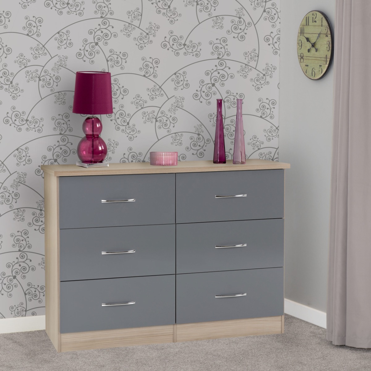 NEWBIGGIN VIII Grey Chest of Drawers - Large-sized, 6 Drawers - Budget Deals