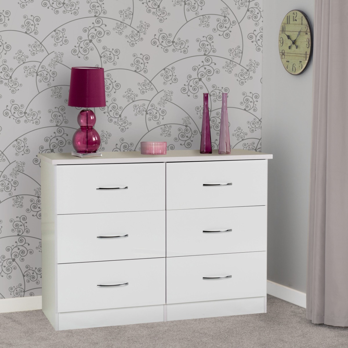 NEWBIGGIN White Chest of Drawers - Large-sized, 6 Drawers - Budget Deals