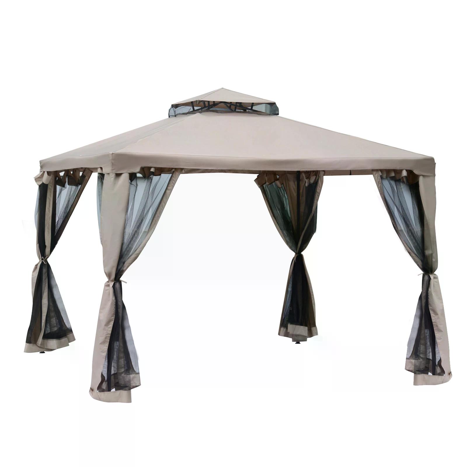 Outdoor Garden Gazebo Tent, 2-tier Roof W/Netting, 295L x 295W x 263Hcm-Taupe - Life Essentials