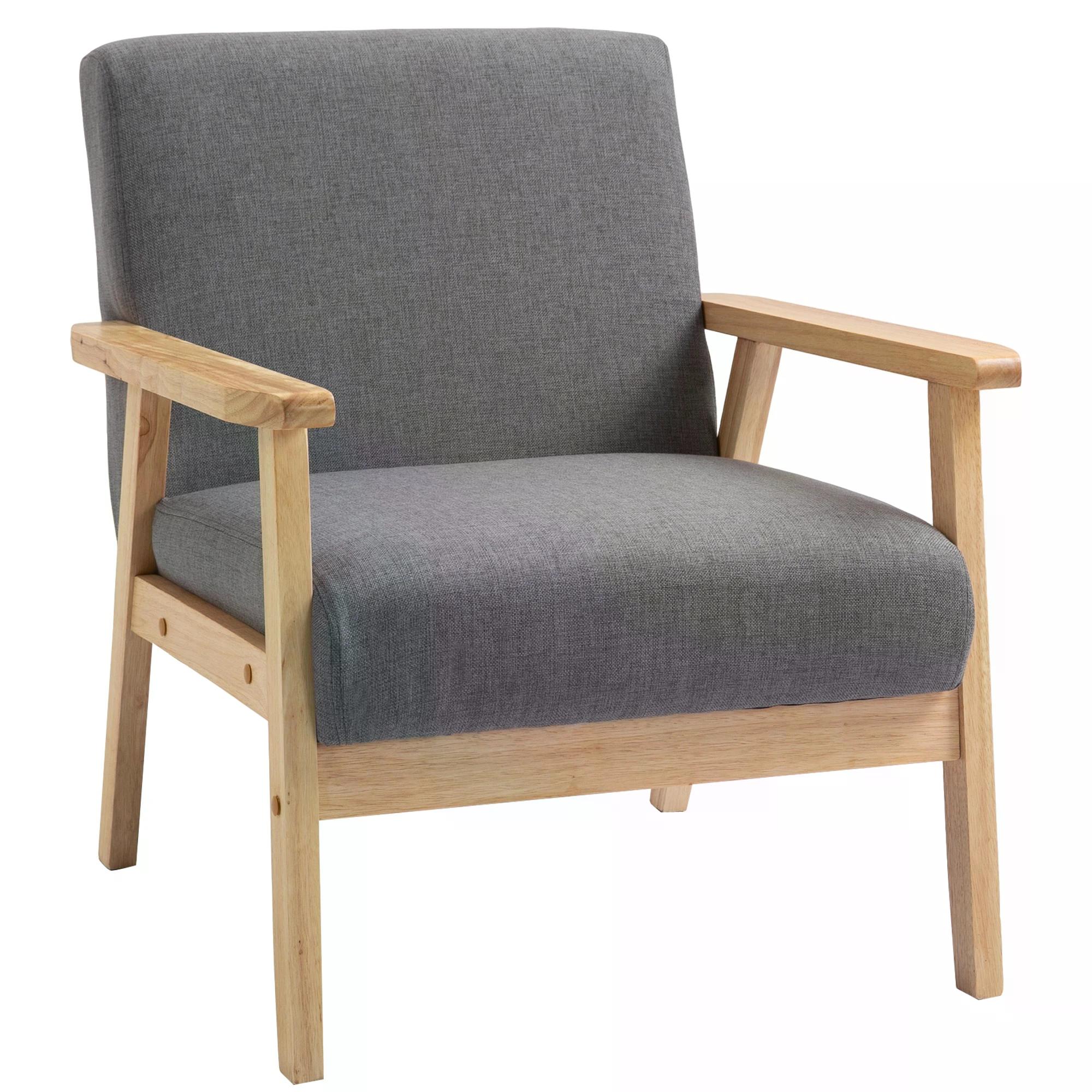 Minimalistic Accent Chair Wood Frame w/Thick Linen Cushions Wide Seat Mid Century Armchair Home Furniture Bedroom Office Grey - Life Essentials