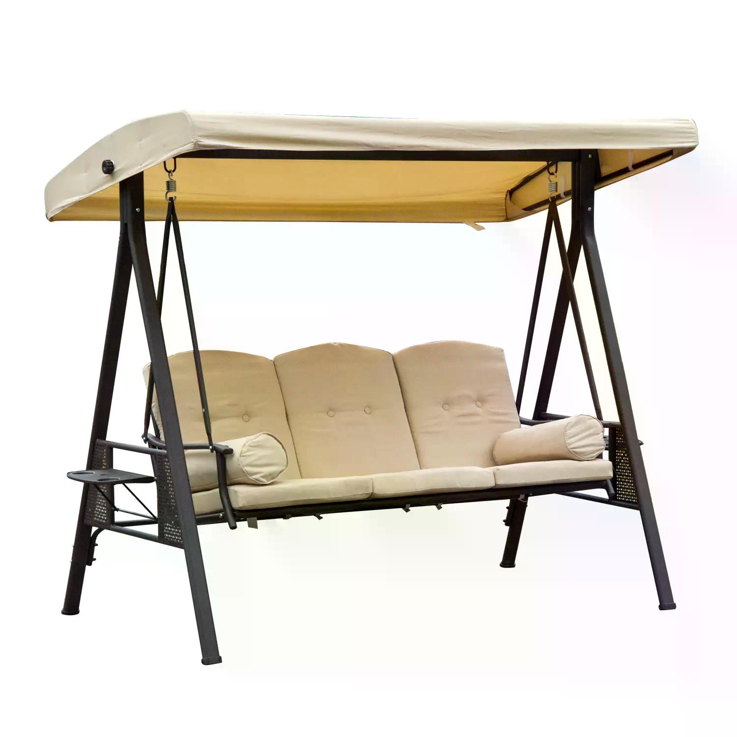 Steel Swing Chair Hammock Garden 3 Seater Canopy Cushion Shelter Outdoor Bench Beige - Life Essentials