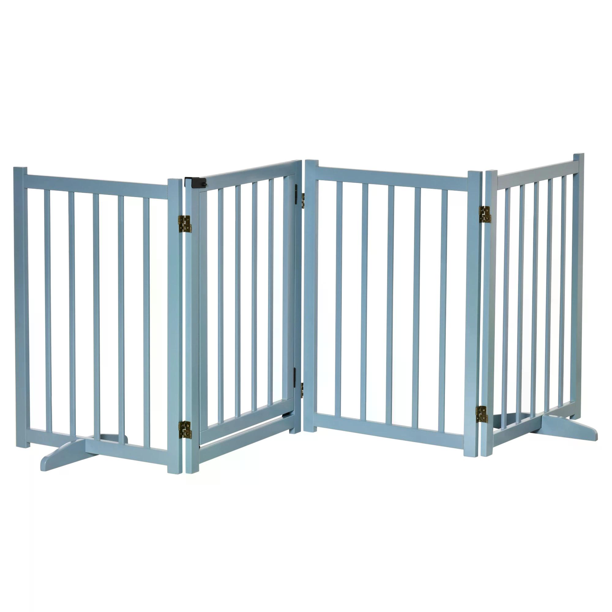 Pet Gate for Small and Medium Dogs, Freestanding Wooden Foldable Dog Safety Barrier with 4 Panels, 2 Support Feet for Doorways, Stairs, Blue - Life 